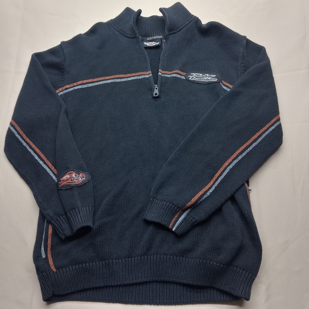 Harley Davidson Mens Quarter Zip Cotton Sweater Black Orange Patch Medium